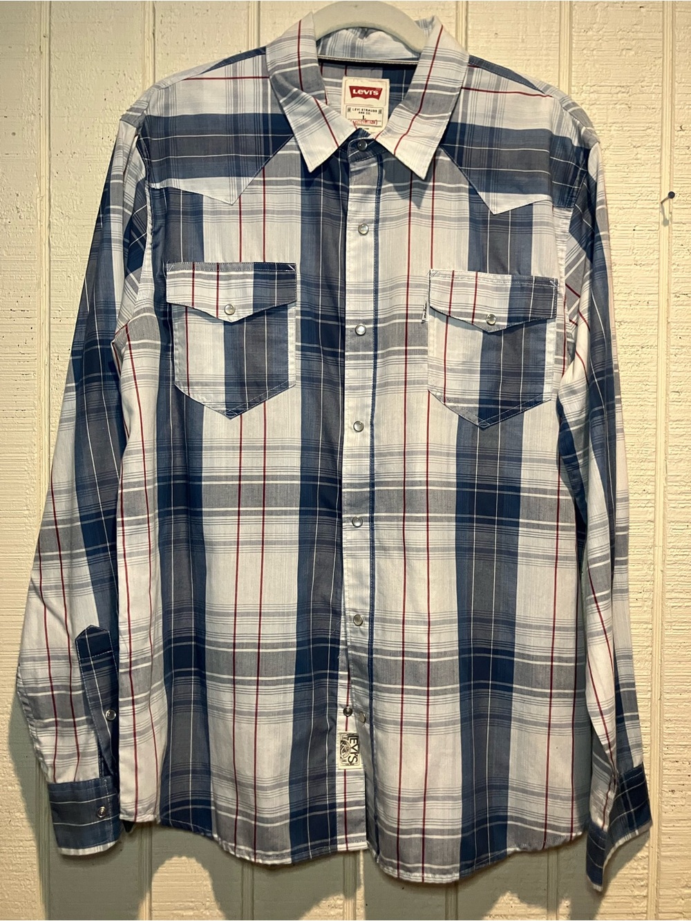 Levi's Men's Blue and White Plaid Button-Down Shirt with Red Accents